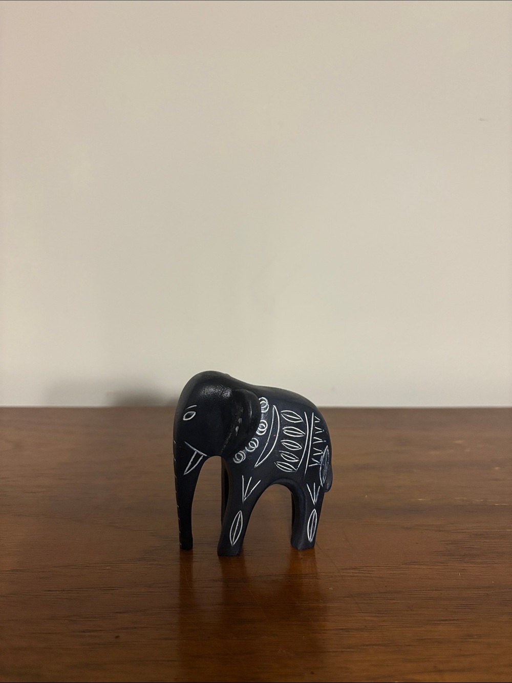 Handcrafted Black Elephant Figurine with White Engraved Detail - Home Art